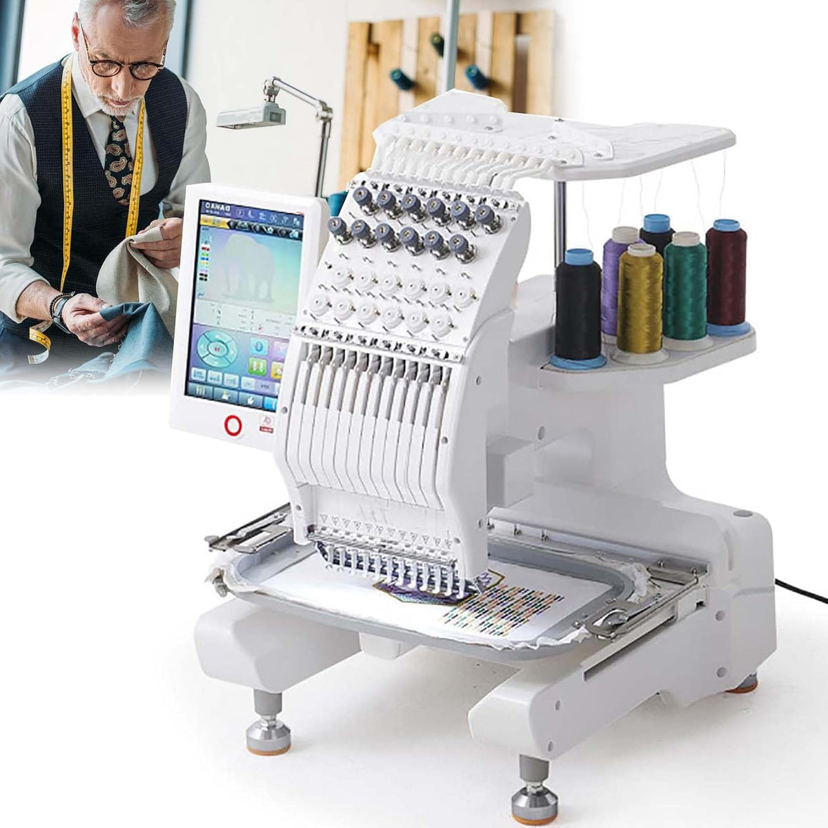 JKJZSALJ Stickmaschinen, Schwarz, Gewerbliche Stickmaschine, 12 Nadeln, Einzelkopf, Computergesteuertes Nähen Für Professionelle Stickereien