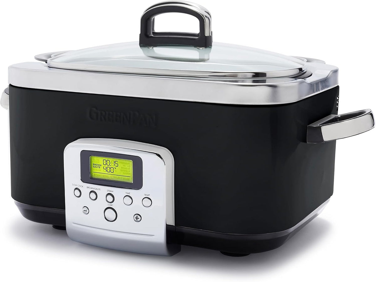 GreenPan Schongarer, 6 L, Schwarz, Elite 8-in-1 Programmierbarer Slow Cooker Multikocher, Spülmaschinenfester Deckel & Topf