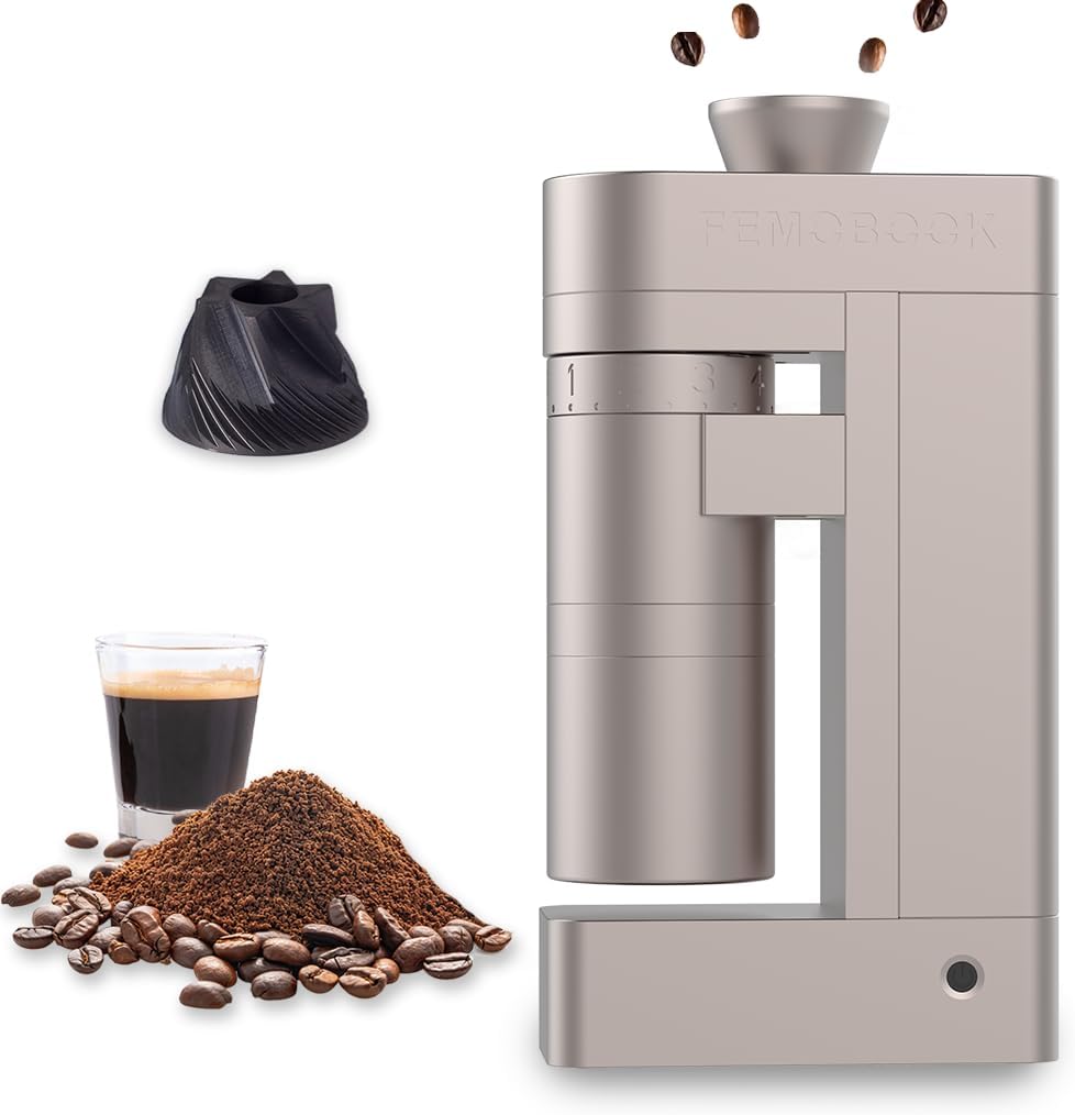 Femobook Elektrische Kegelmühlen, Schwarz, A4 Elektrische Kaffeemühle mit Kegelmahlwerk, Champagnergold