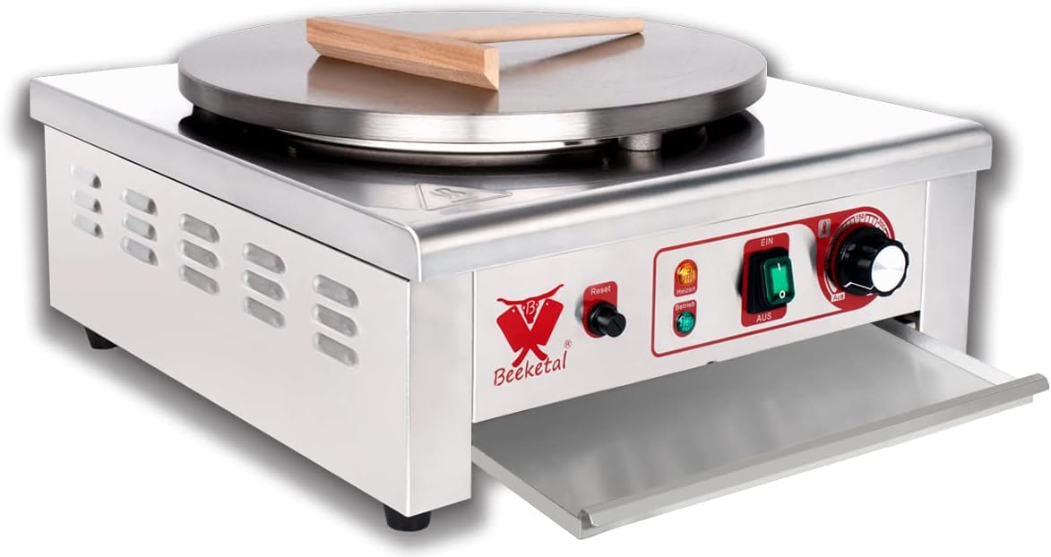 Beeketal Crepesmaker, 3000 Watt, 400 mm, Silber, 'BC40-1' Gastro Crepes Maker mit Ø Gusseisen Crepesplatte, 50-300 °C stufenlos einstellbar