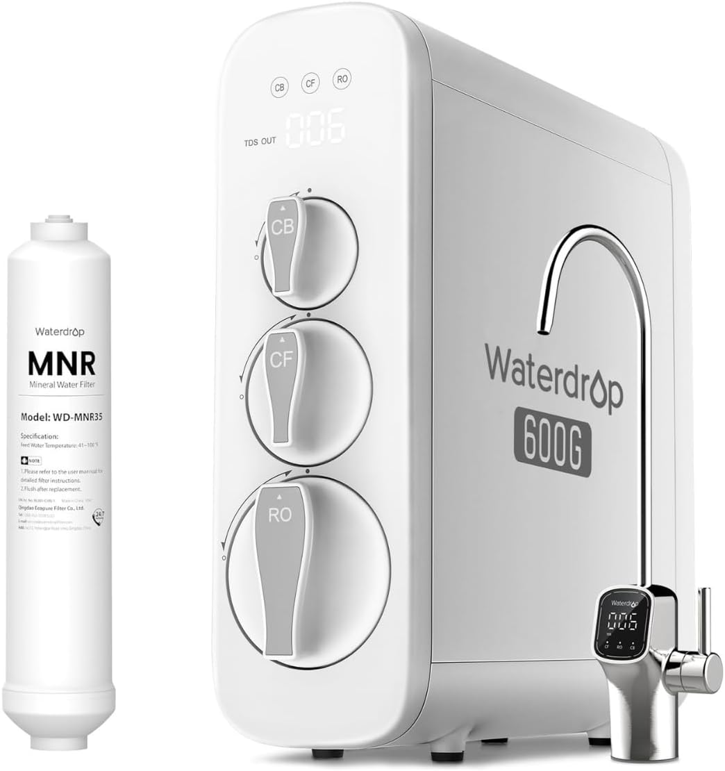 Waterdrop Monitor, Schwarz, G3P600 Umkehrosmoseanlage mit Remineralisation, 600 GPD, 8000 Liters, Entkalkungsanlage RO System unter der Spüle
