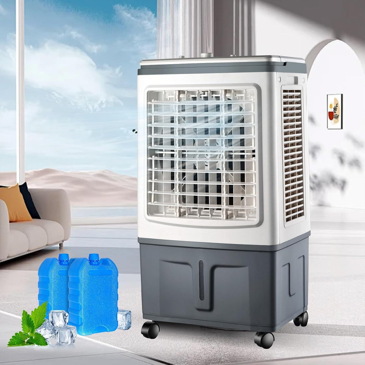 Mobiles Klimagerät, 3000m, 100 W, 30 L, Weiss, Mobile Klimaanlage ohne Abluftschlauch grosser Behälter, 3 Stufen, oszillierend