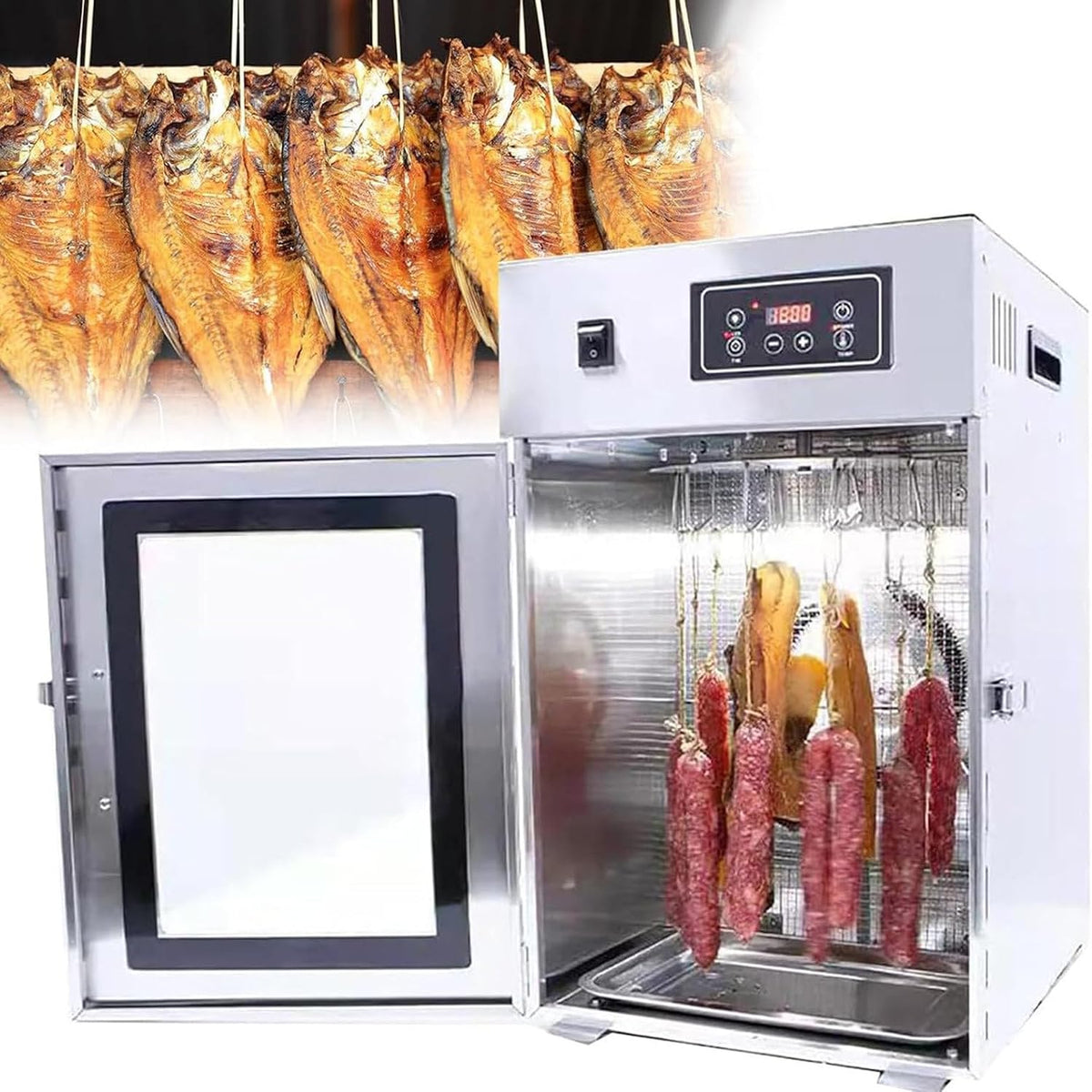 ZXINXIN Dörrautomaten, 800 W, Silber, Dörrgerät für Fleisch, Biltong-Box aus Edelstahl, Trockenschrank, 14 Haken
