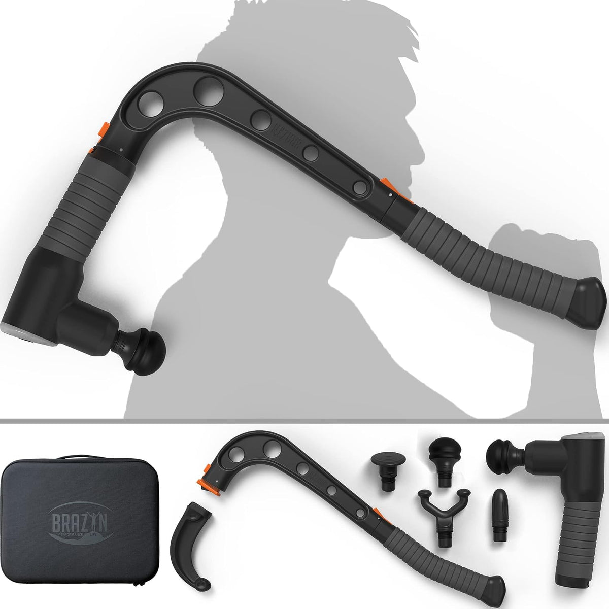 Brazyn Handmassagegeräte, Schwarz, Talon Percussion Massage Gun + Massage Cane + Gun Holder, Neck & Shoulder Relaxer